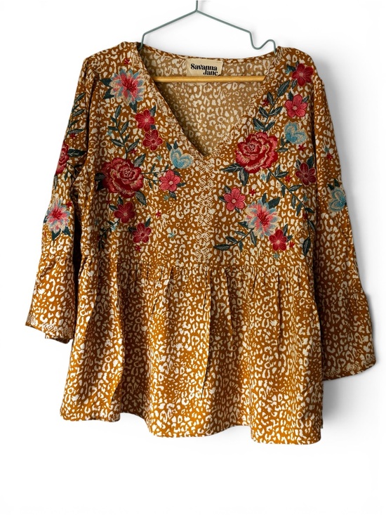 Savanna Jane Tops - Savanna Jane Women's Mustard Floral Embroidered V-Neck Top Medium